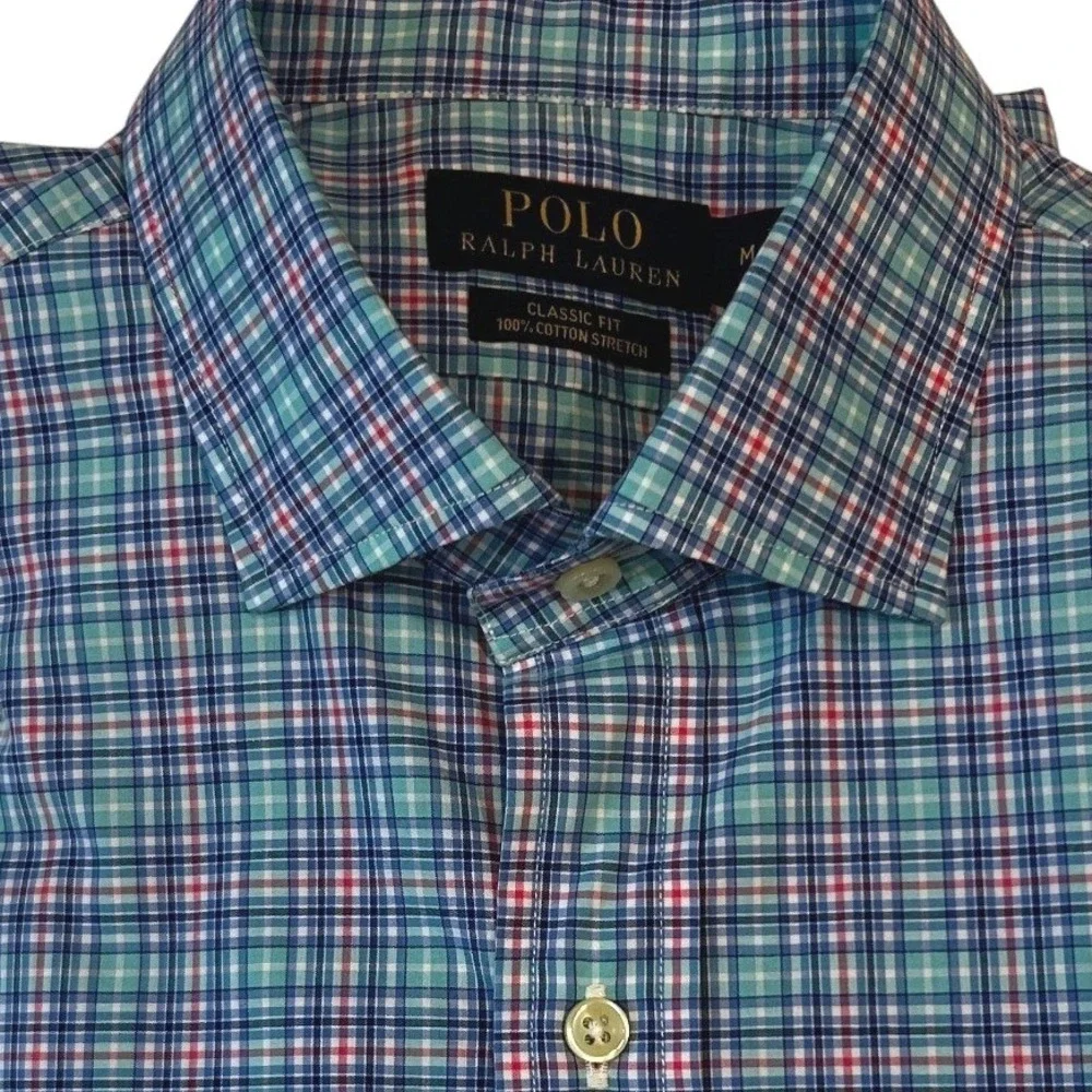 Polo Ralph Lauren Button Down Shirt Medium Mens Blue Green Plaid Cotton Stretch
